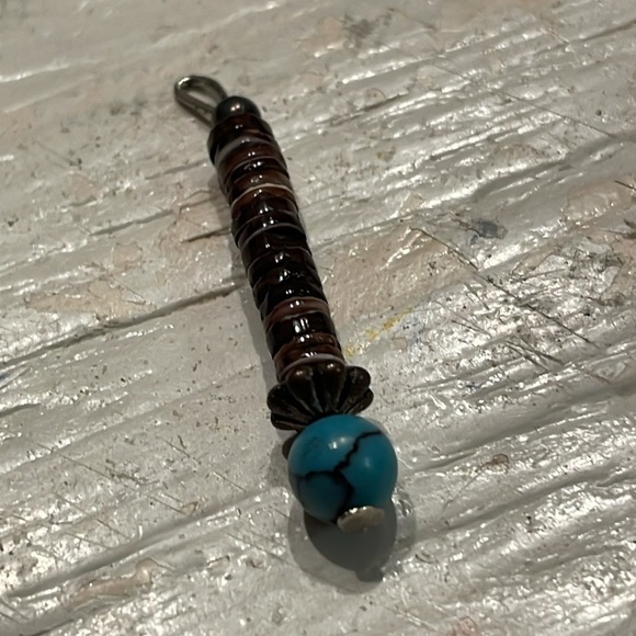 1.5” 16 wooden seed bead & round turquoise color bead charm pendant w/jump hoop - Picture 4 of 14